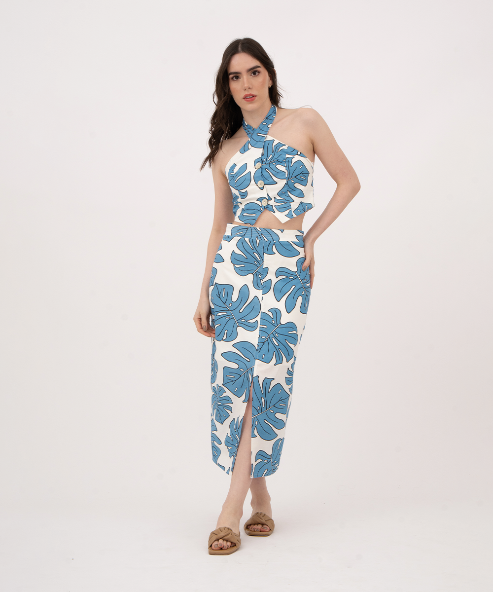 Falda midi con abertura AZUL RADIANTE