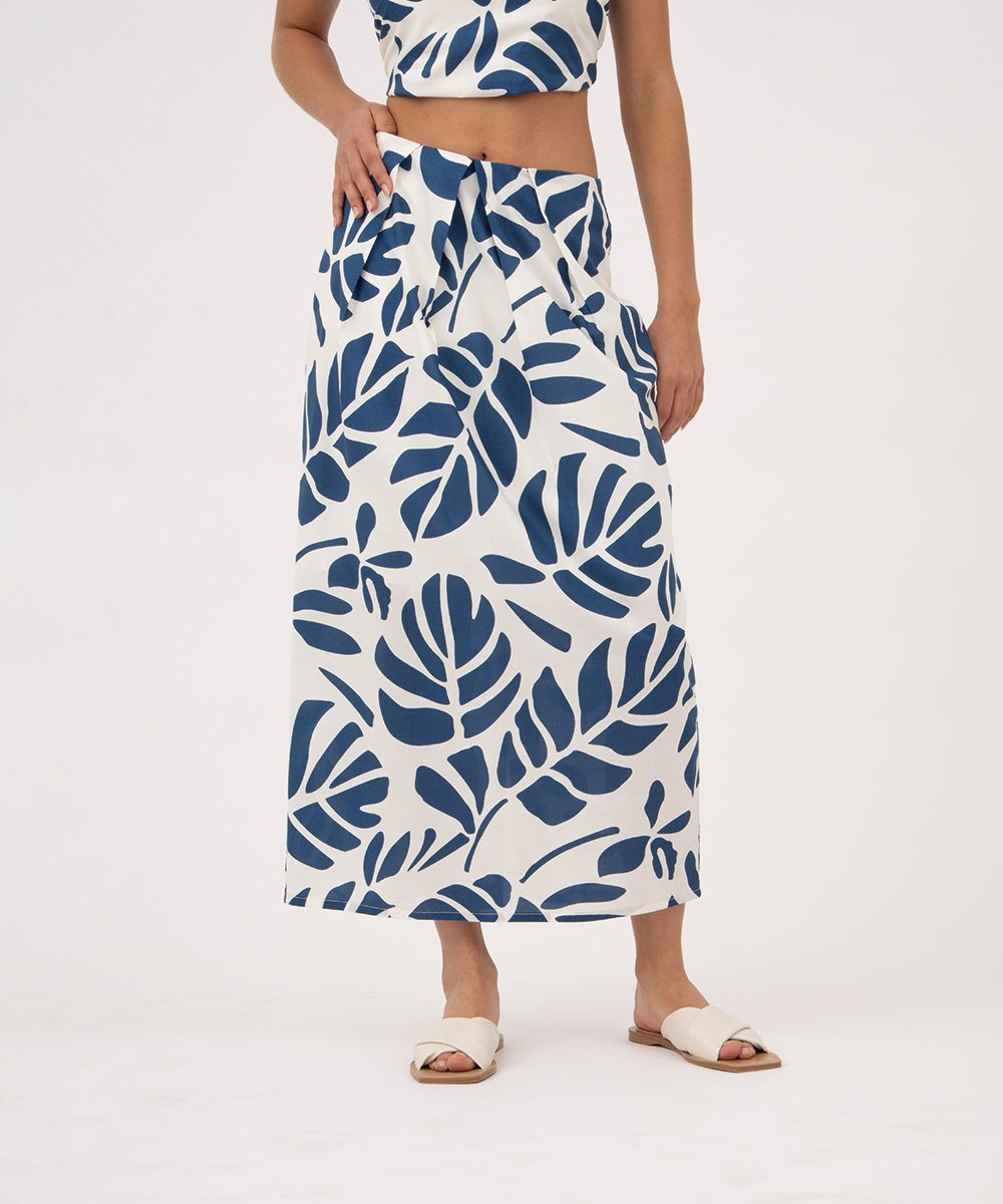 Falda midi con prenses AZUL