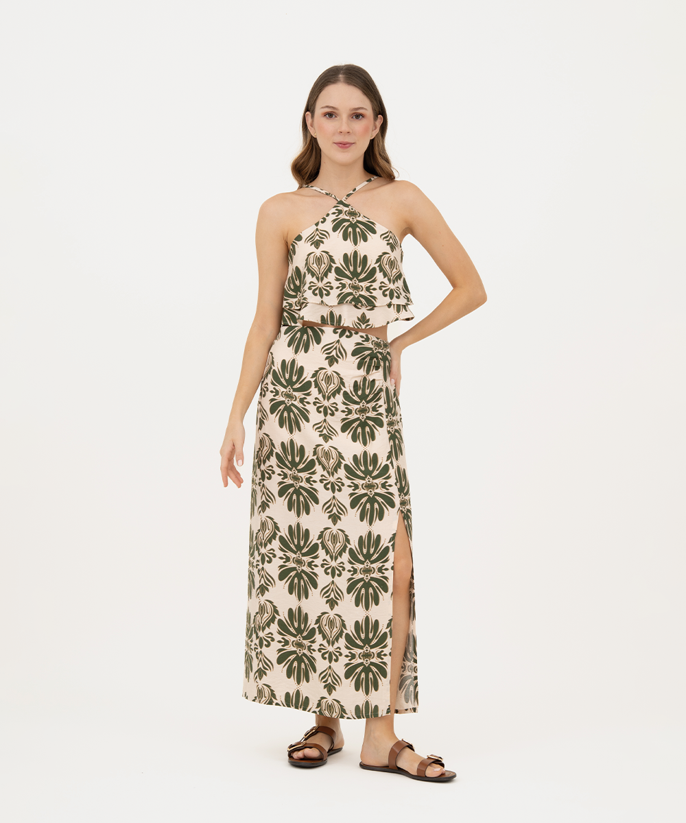 Falda midi con abertura VERDE SELVA (MILITAR)