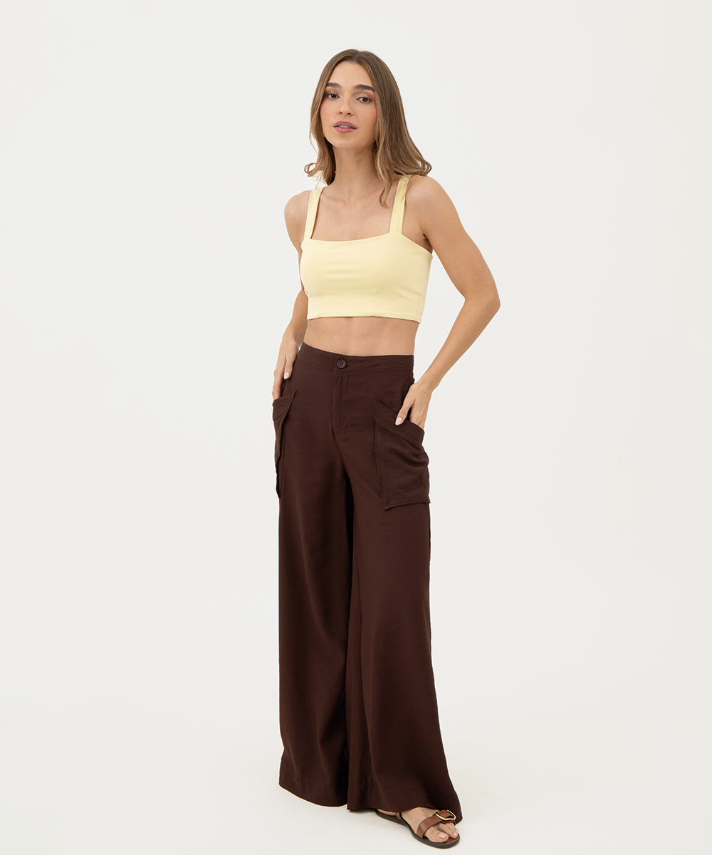 Pantalón tiro alto bolsillos CHOCOLATE