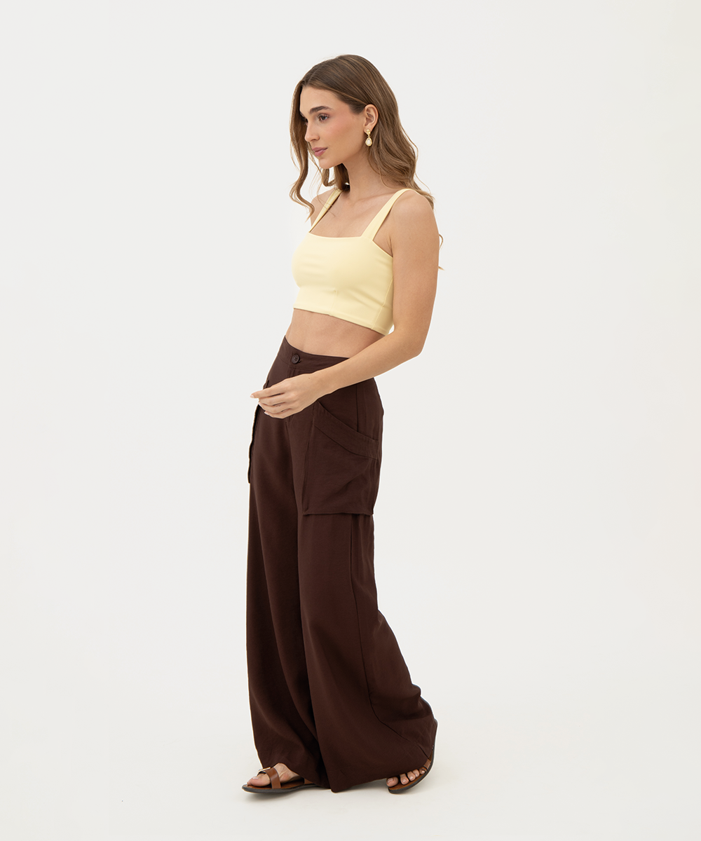 Pantalón tiro alto bolsillos CHOCOLATE