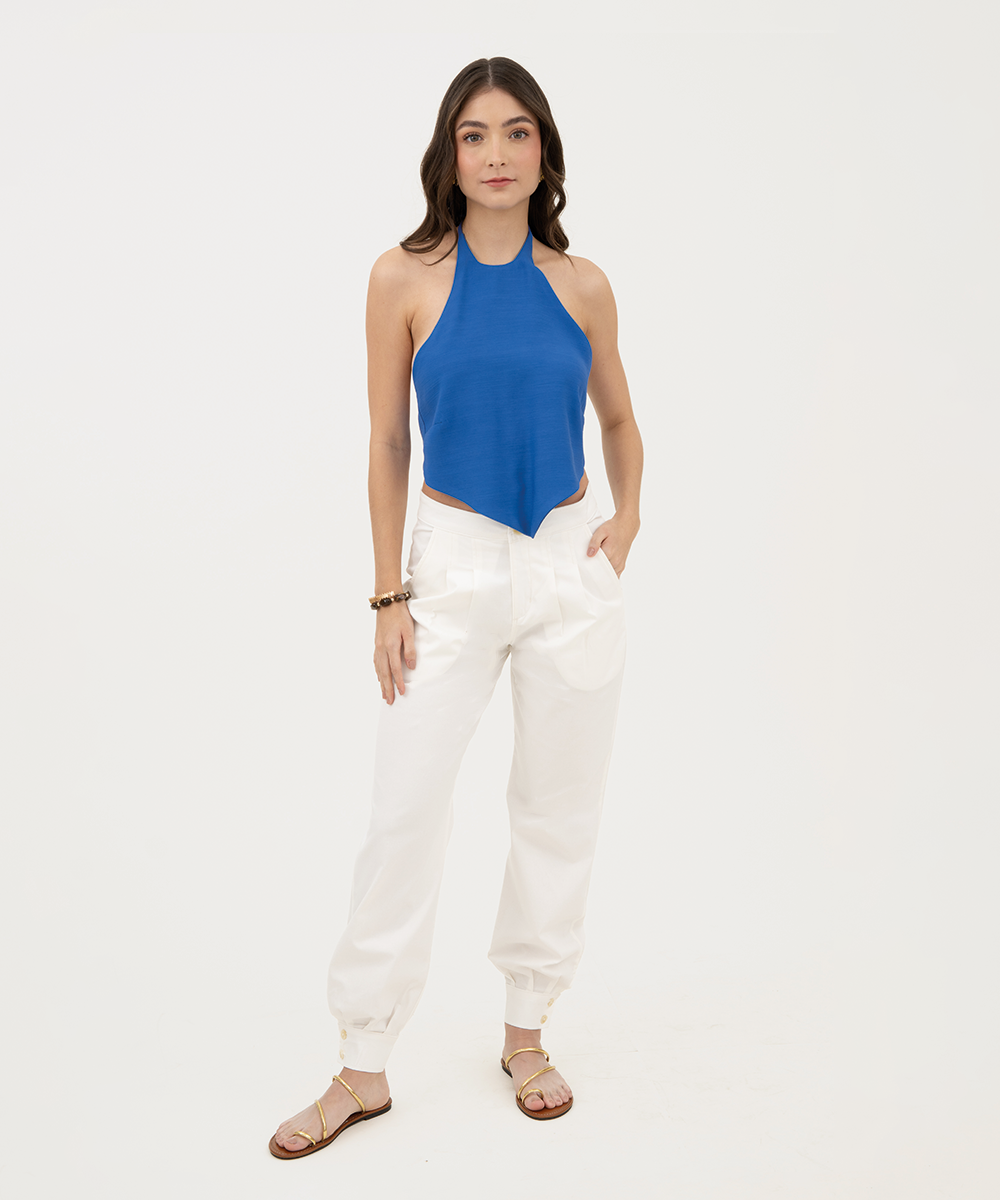 Pantalón ancho pliegues y puños Blanco