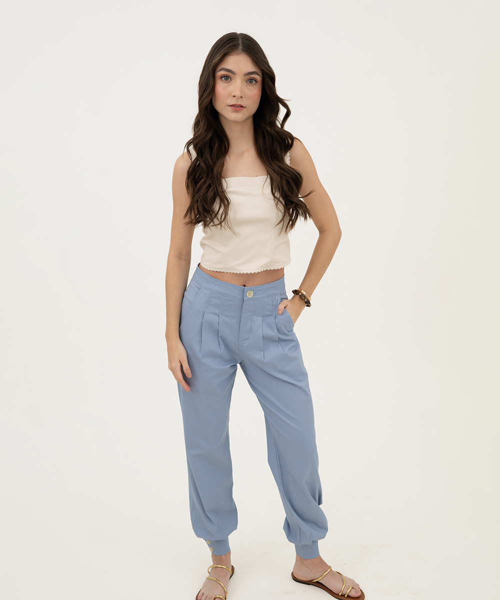 Pantalón ancho pliegues y puños Azul Empolvado