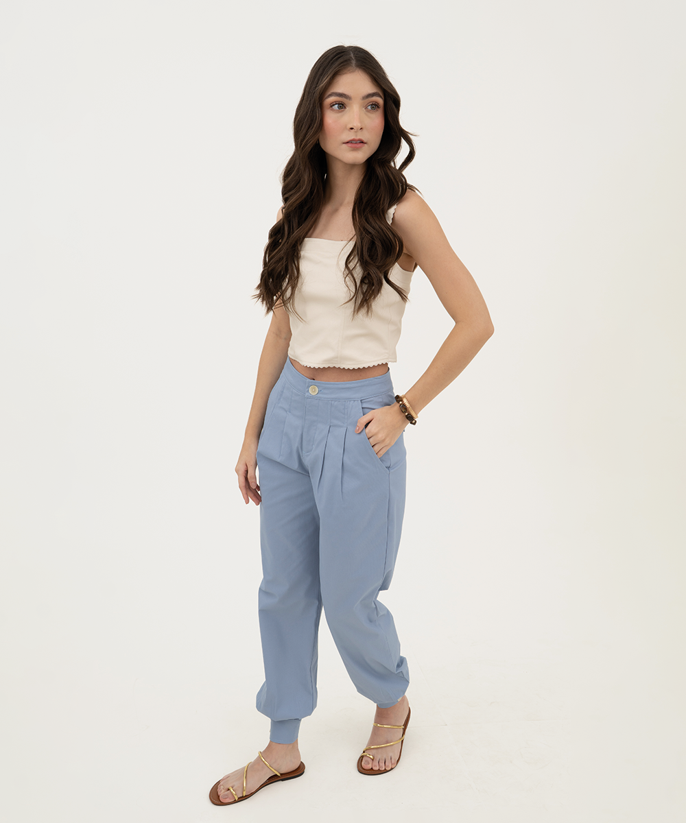Pantalón ancho pliegues y puños Azul Empolvado