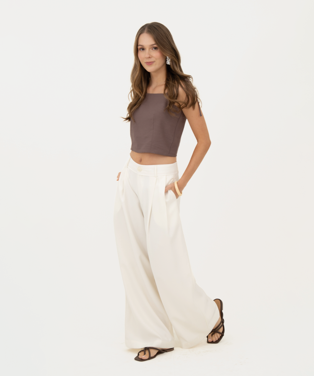 Pantalón wideleg pliegues Marfil