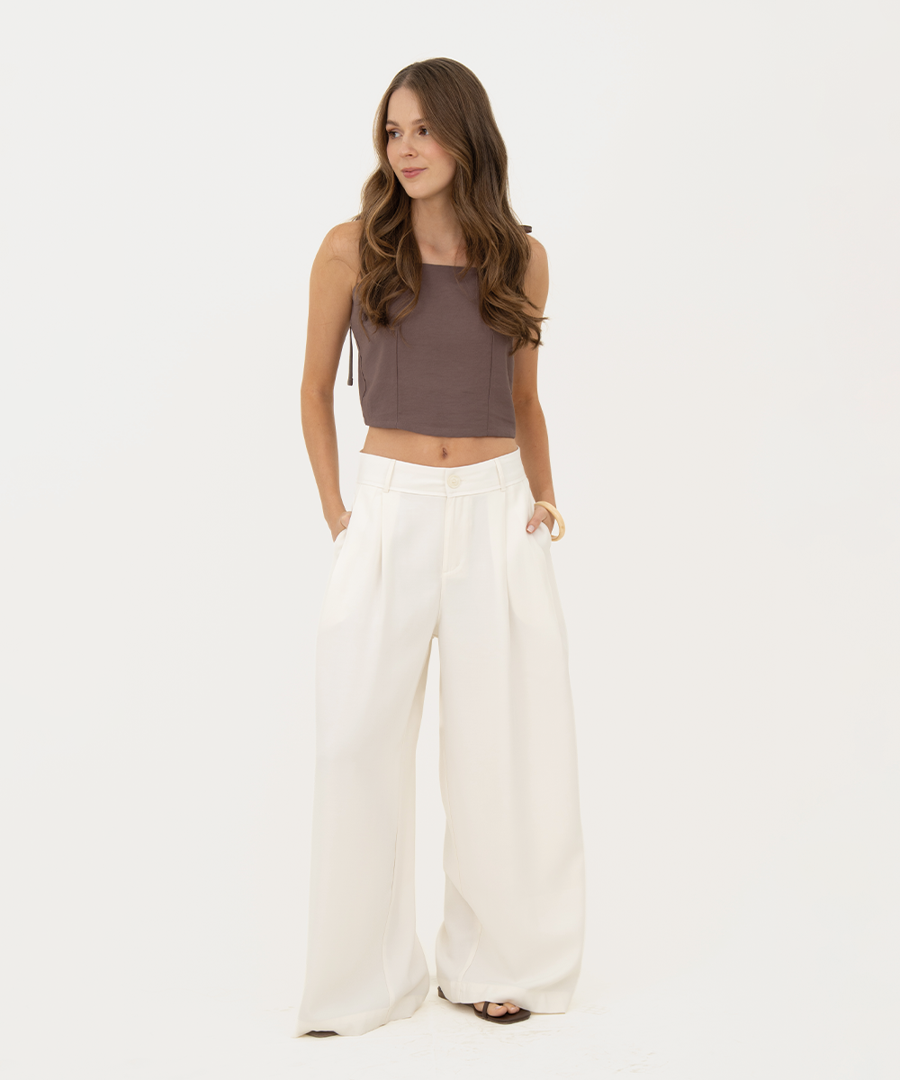 Pantalón wideleg pliegues Marfil