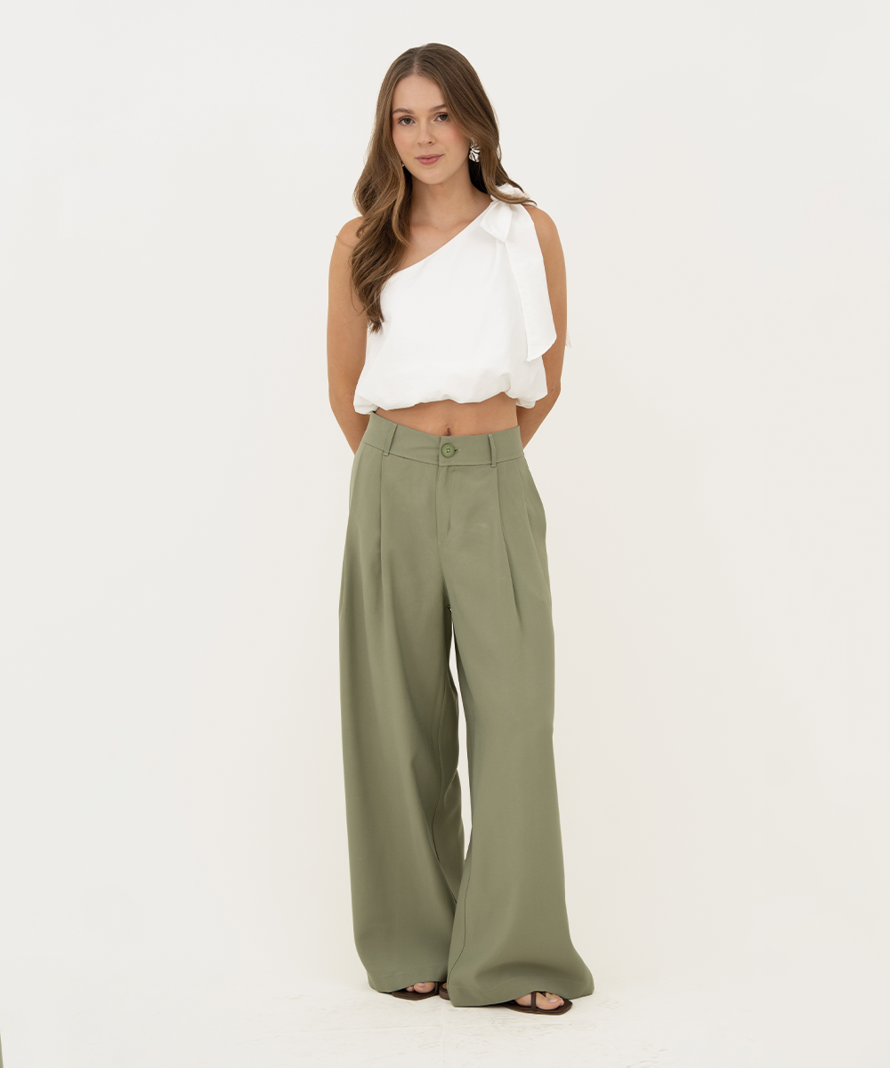 Pantalón wideleg pliegues Verde Oliva
