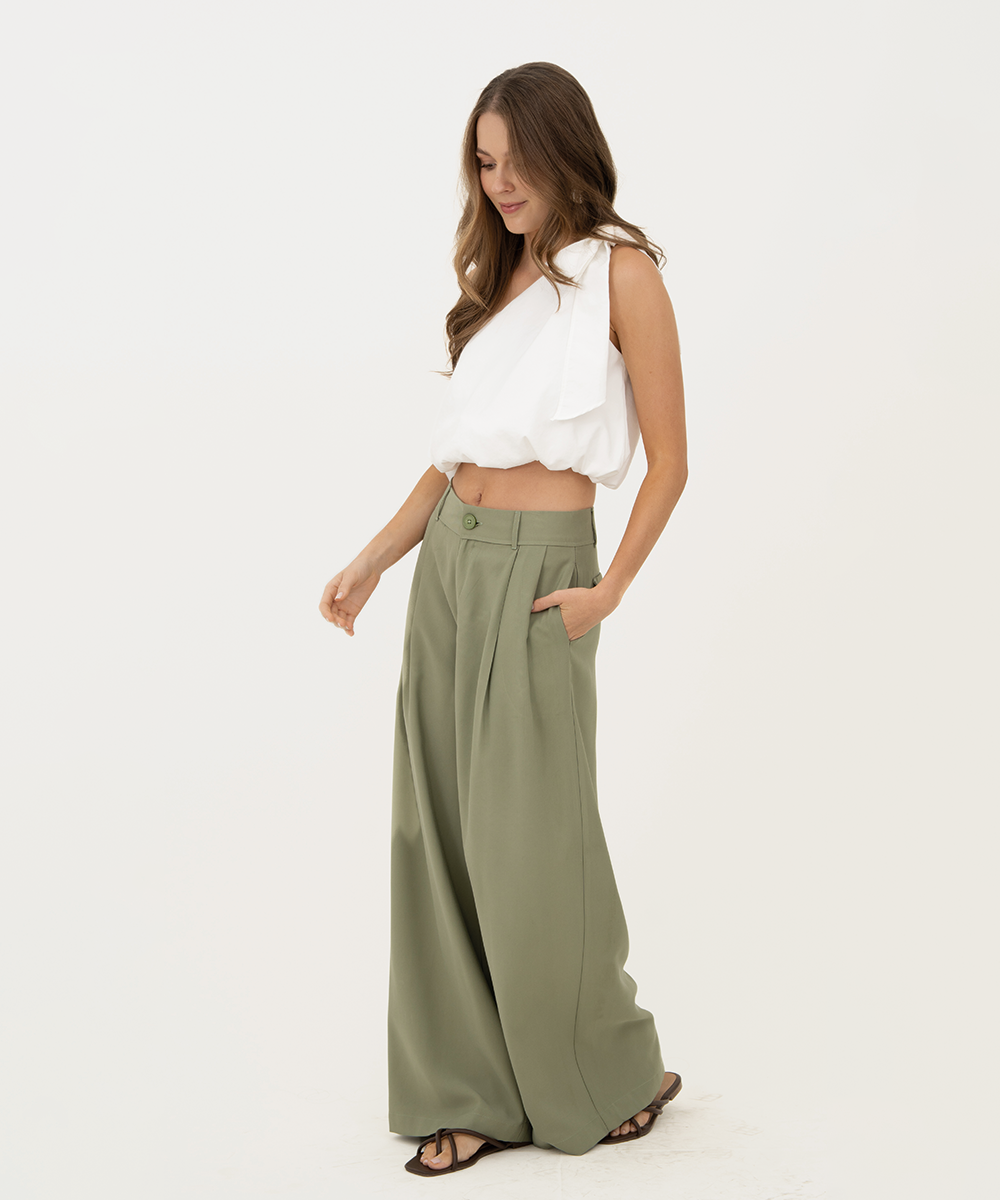 Pantalón wideleg pliegues Verde Oliva