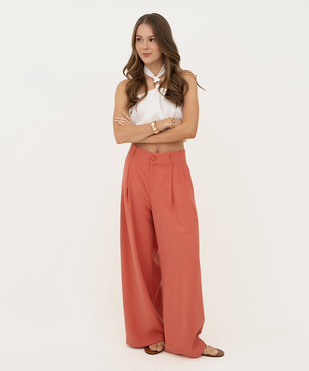Pantalón wideleg pliegues Terracota