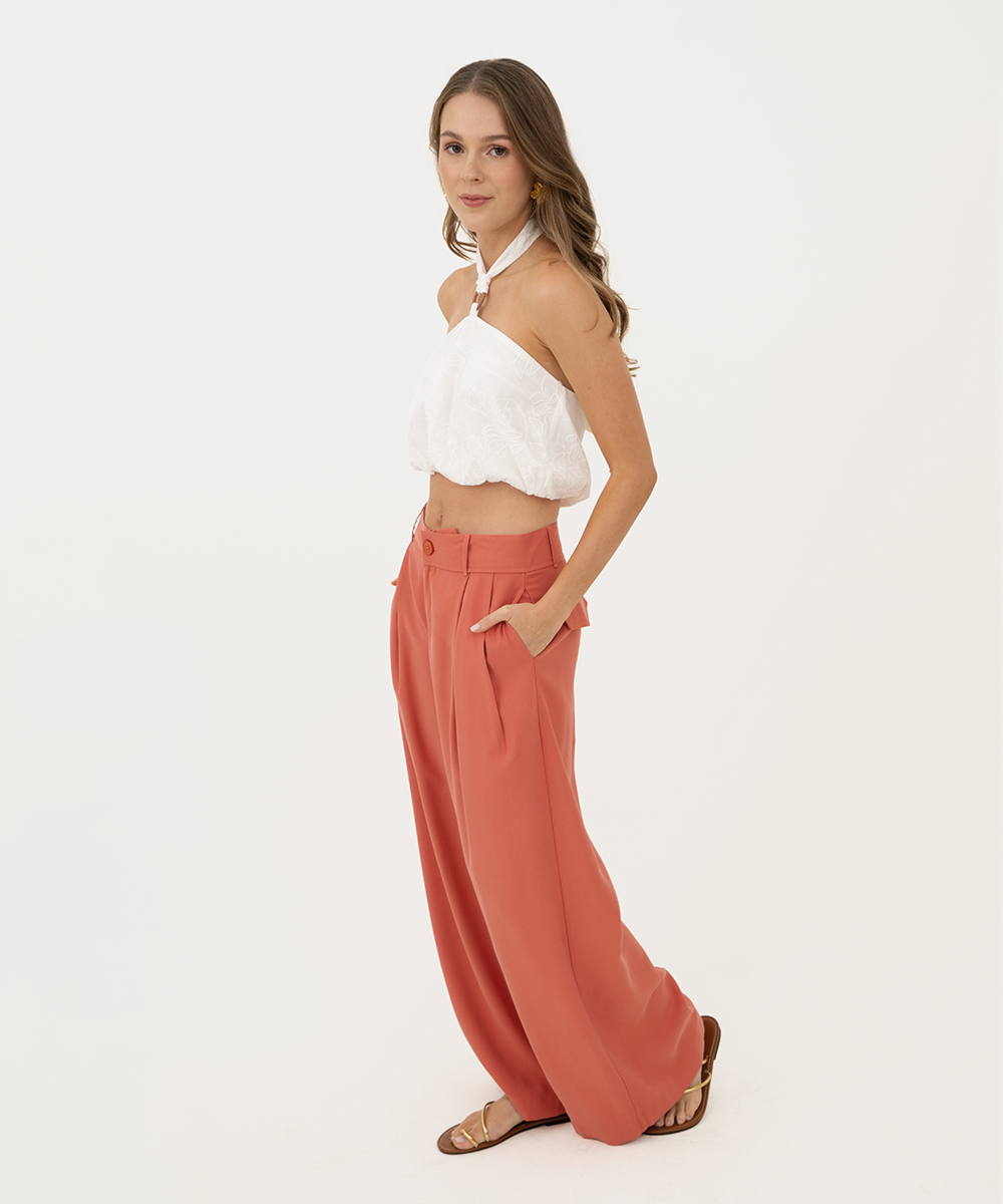 Pantalón wideleg pliegues Terracota