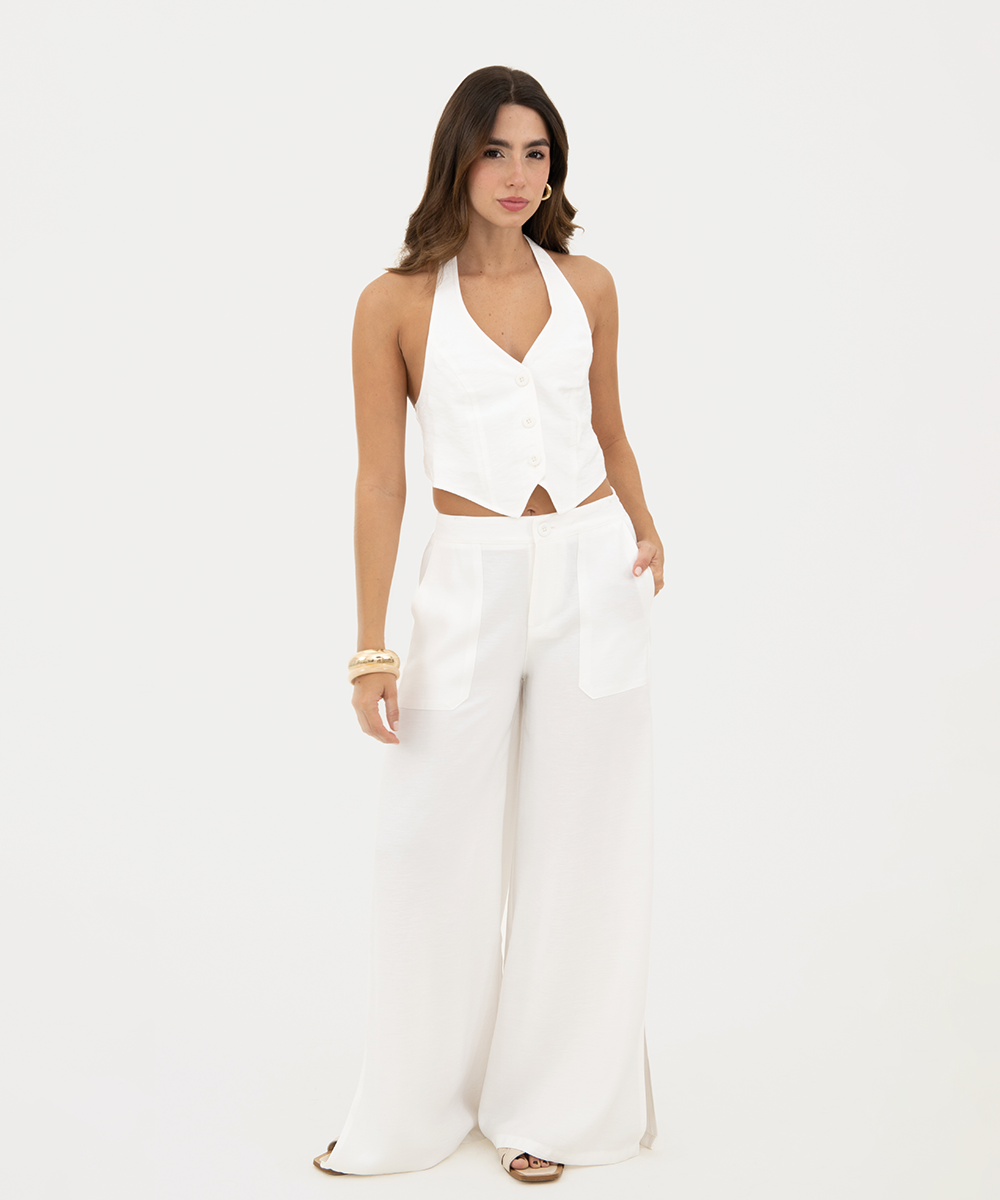 Pantalón recto con pretina elástica Blanco