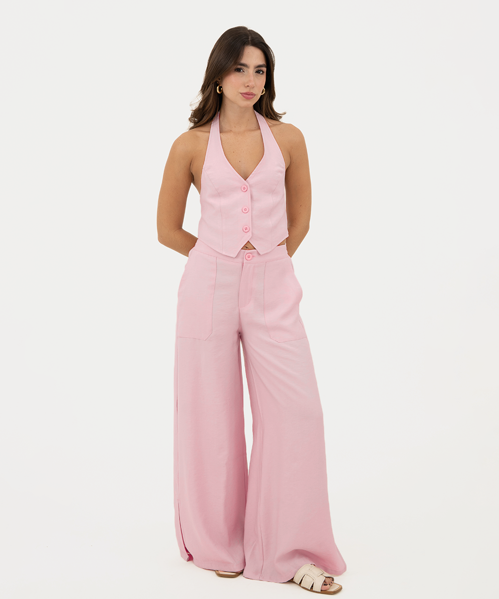 Pantalón recto con pretina elástica Rosado Pastel