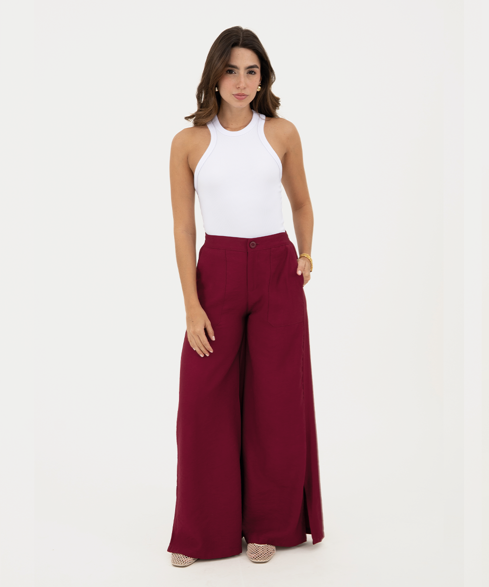 Pantalón recto con pretina elástica Vino Profundo