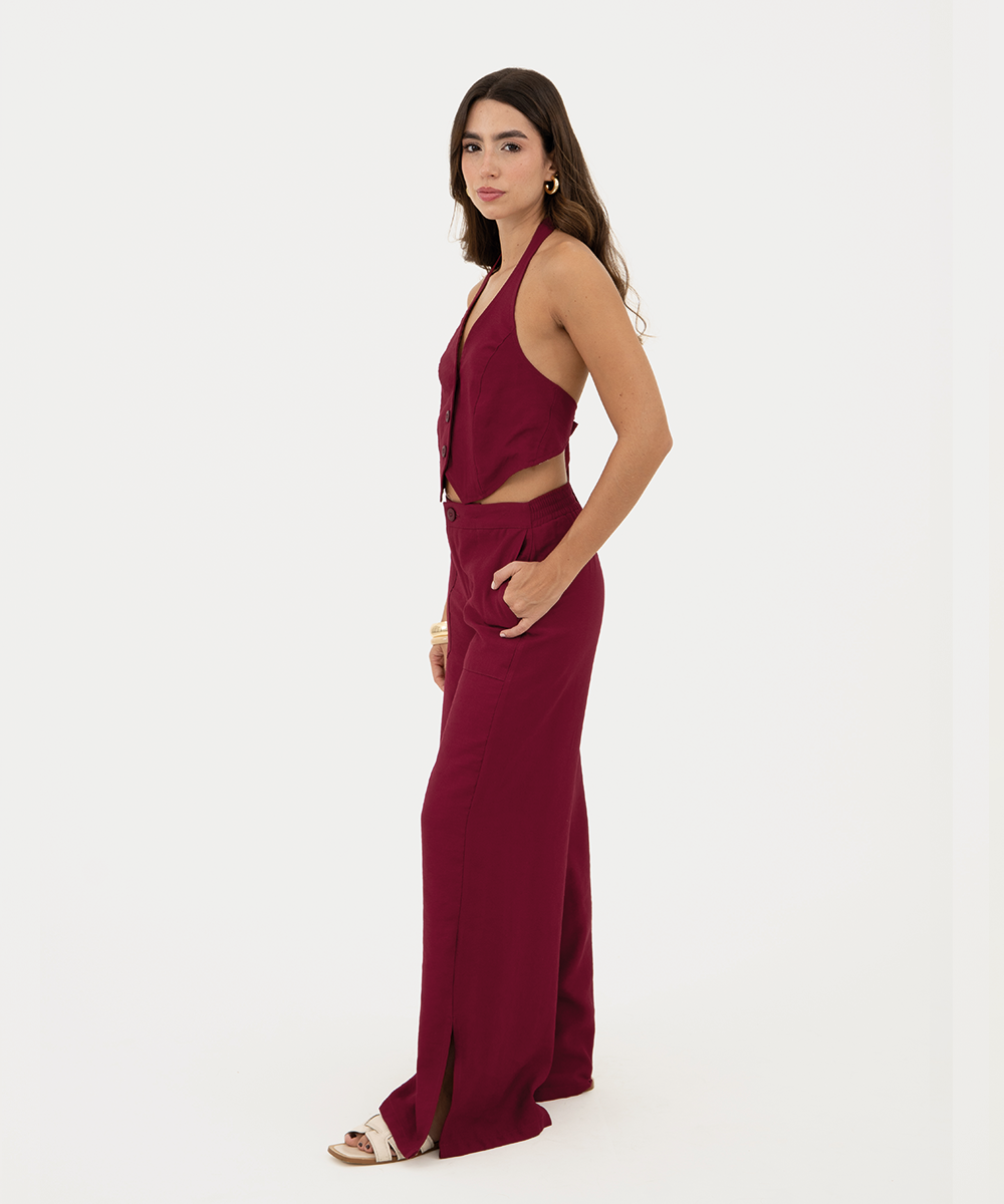 Pantalón recto con pretina elástica Vino Profundo