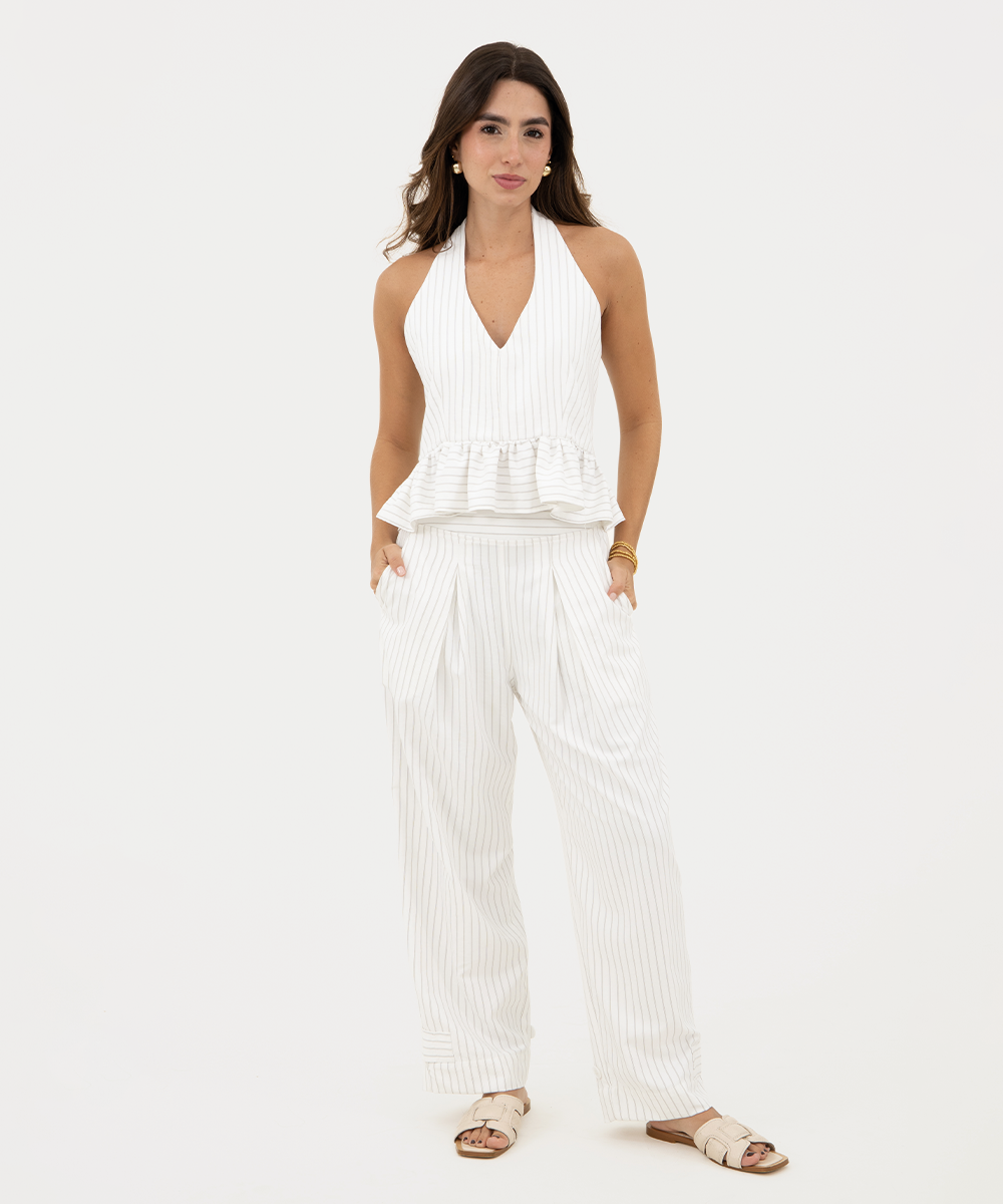Pantalón de rayas bota ajustable Blanco
