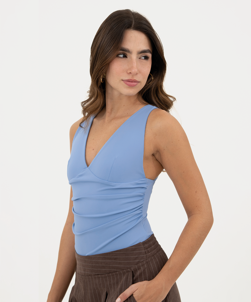 Body drapeado escote v Azul Empolvado