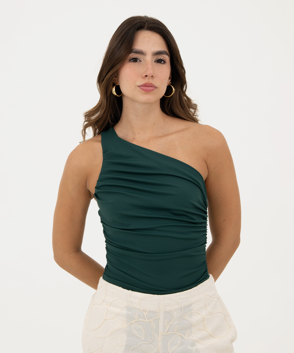 Body asimétrico drapeado Verde Esmeralda
