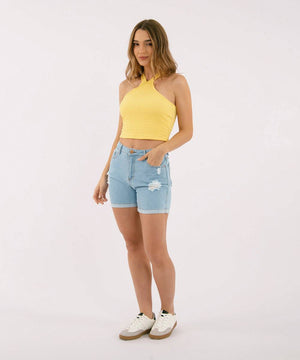 Short 5 Bolsillos Dobladillo Ancho Azul Cielo Short Índigos Para Mujer | Ticket Store Colombia 1