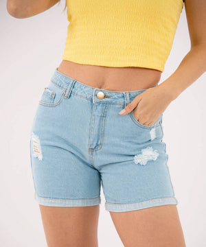 Short 5 Bolsillos Dobladillo Ancho Azul Cielo Short Índigos Para Mujer | Ticket Store Colombia 2
