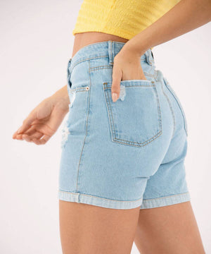 Short 5 Bolsillos Dobladillo Ancho Azul Cielo Short Índigos Para Mujer | Ticket Store Colombia 3