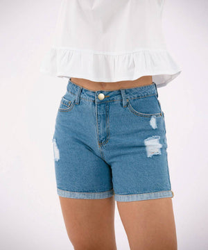 Short 5 Bolsillos Dobladillo Ancho Azul Short Índigos Para Mujer | Ticket Store Colombia 2