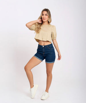 Short 5 Bolsillos Dobladillo Ancho Azul Profundo Short Índigos Para Mujer | Ticket Store Colombia 2