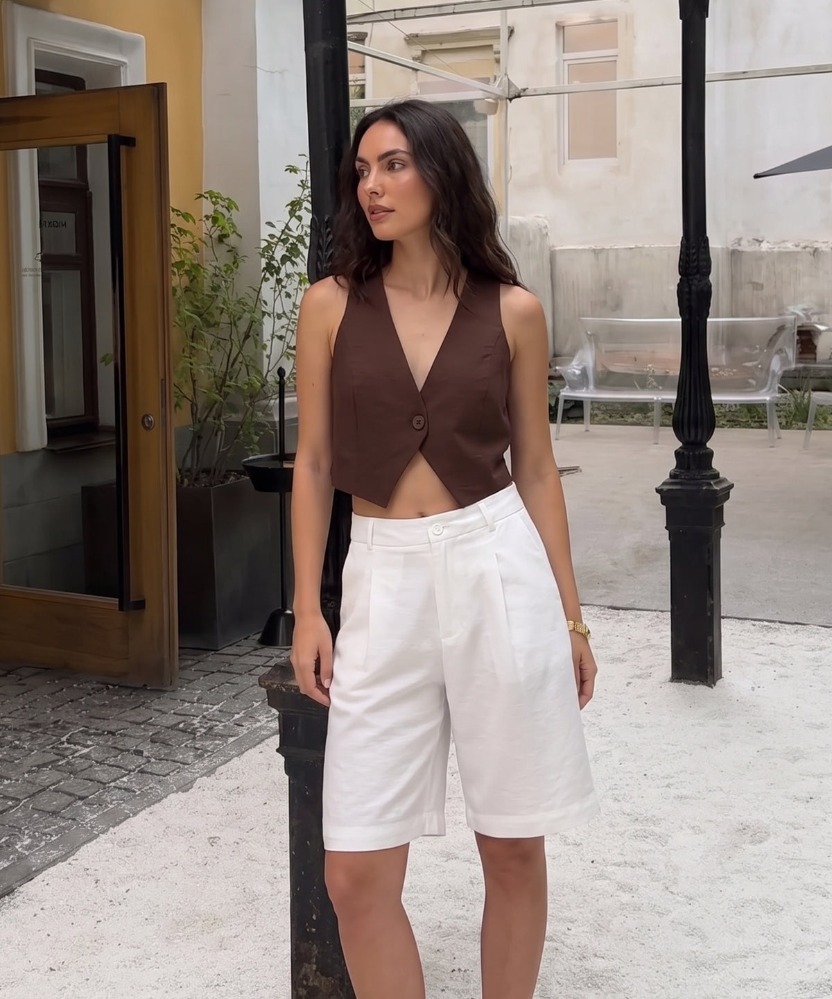 Bermuda tiro medio prenses Blanco
