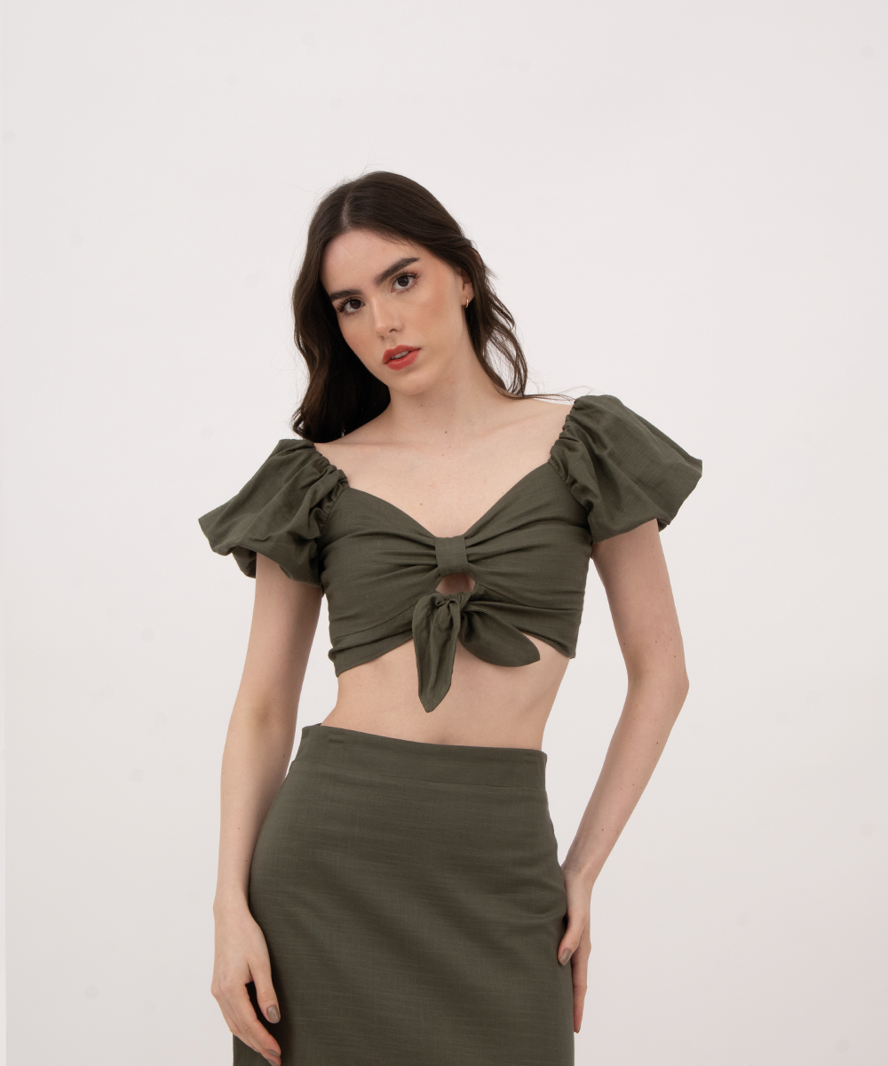 Crop top manga volumen VERDE SELVA (MILITAR)