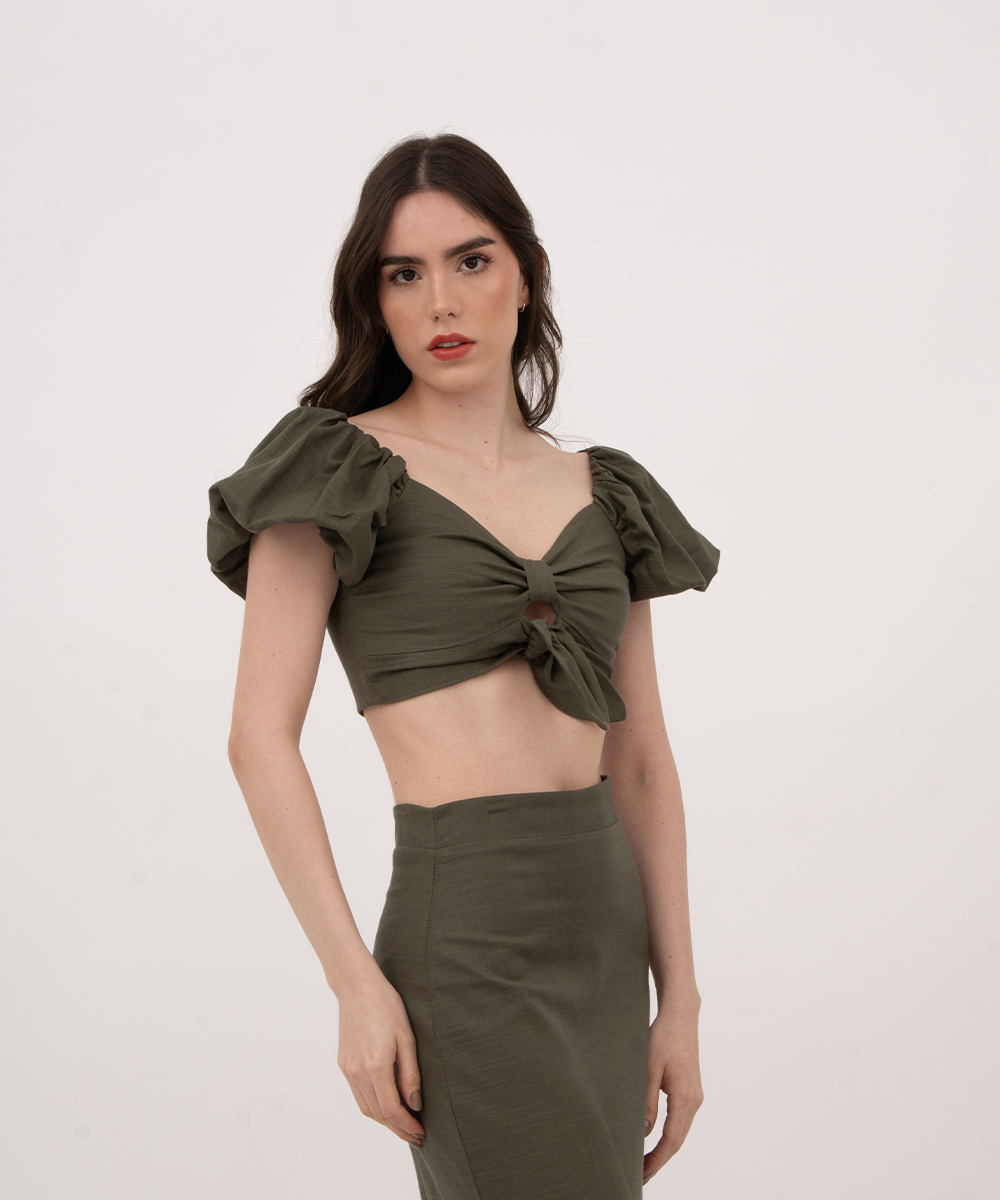 Crop top manga volumen VERDE SELVA (MILITAR)