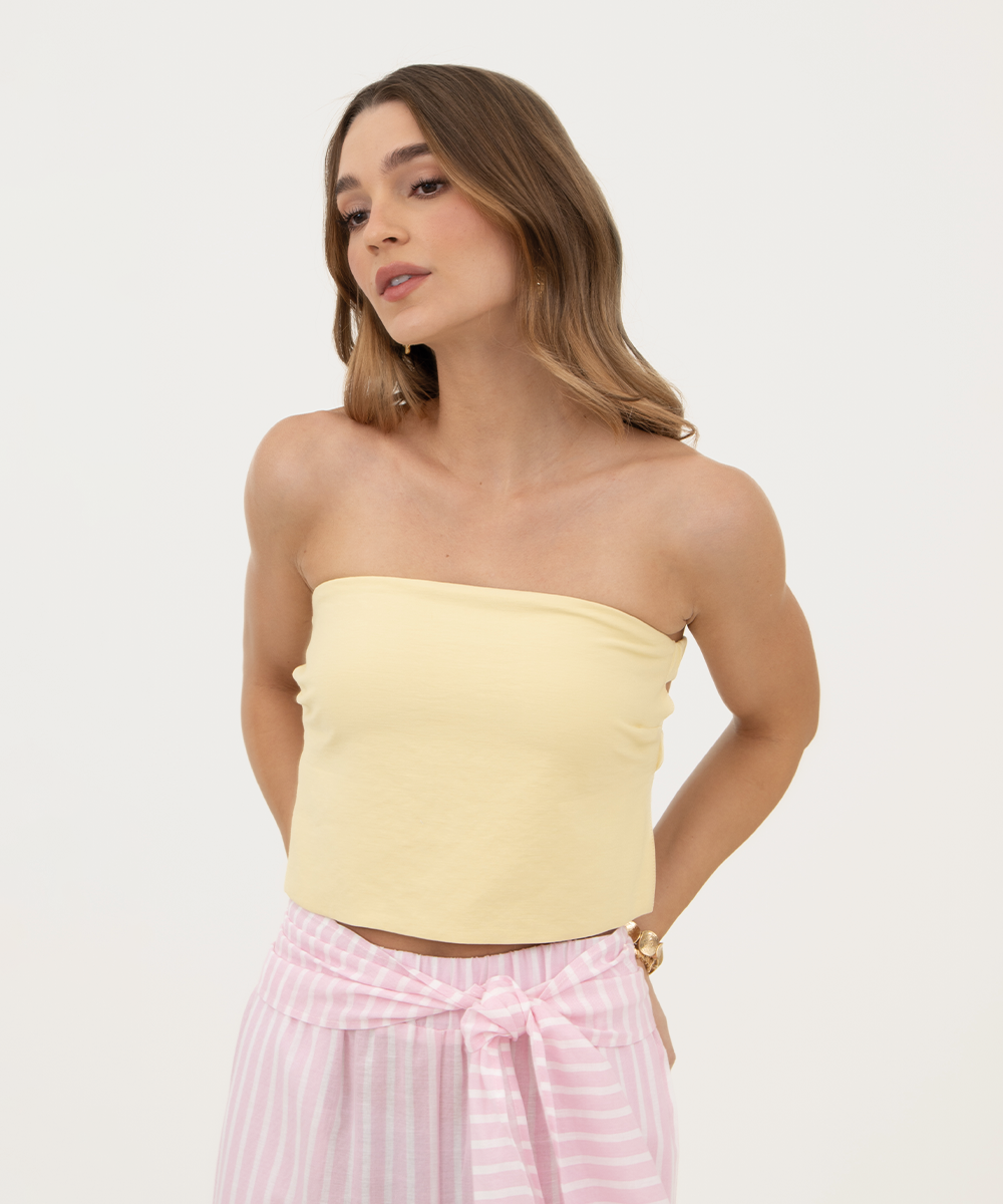 Blusa strapless con elástico Amarillo Pastel