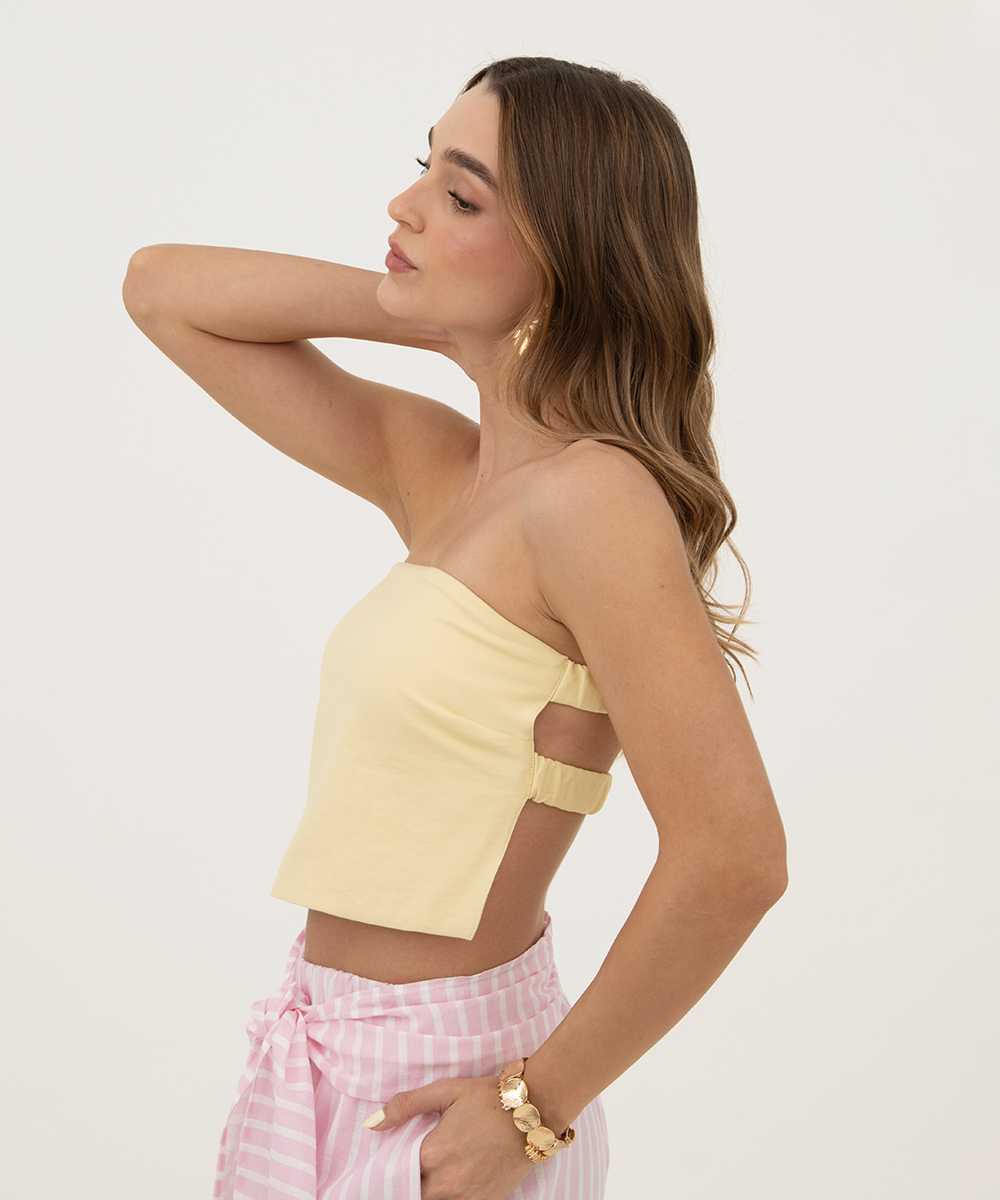 Blusa strapless con elástico Amarillo Pastel