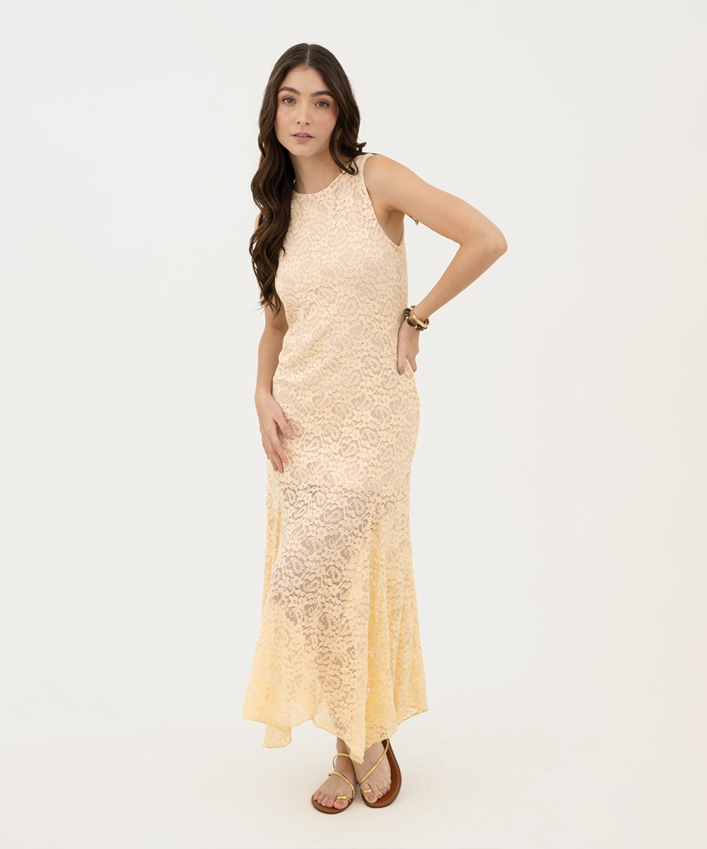 Vestido largo de blonda Amarillo Pastel
