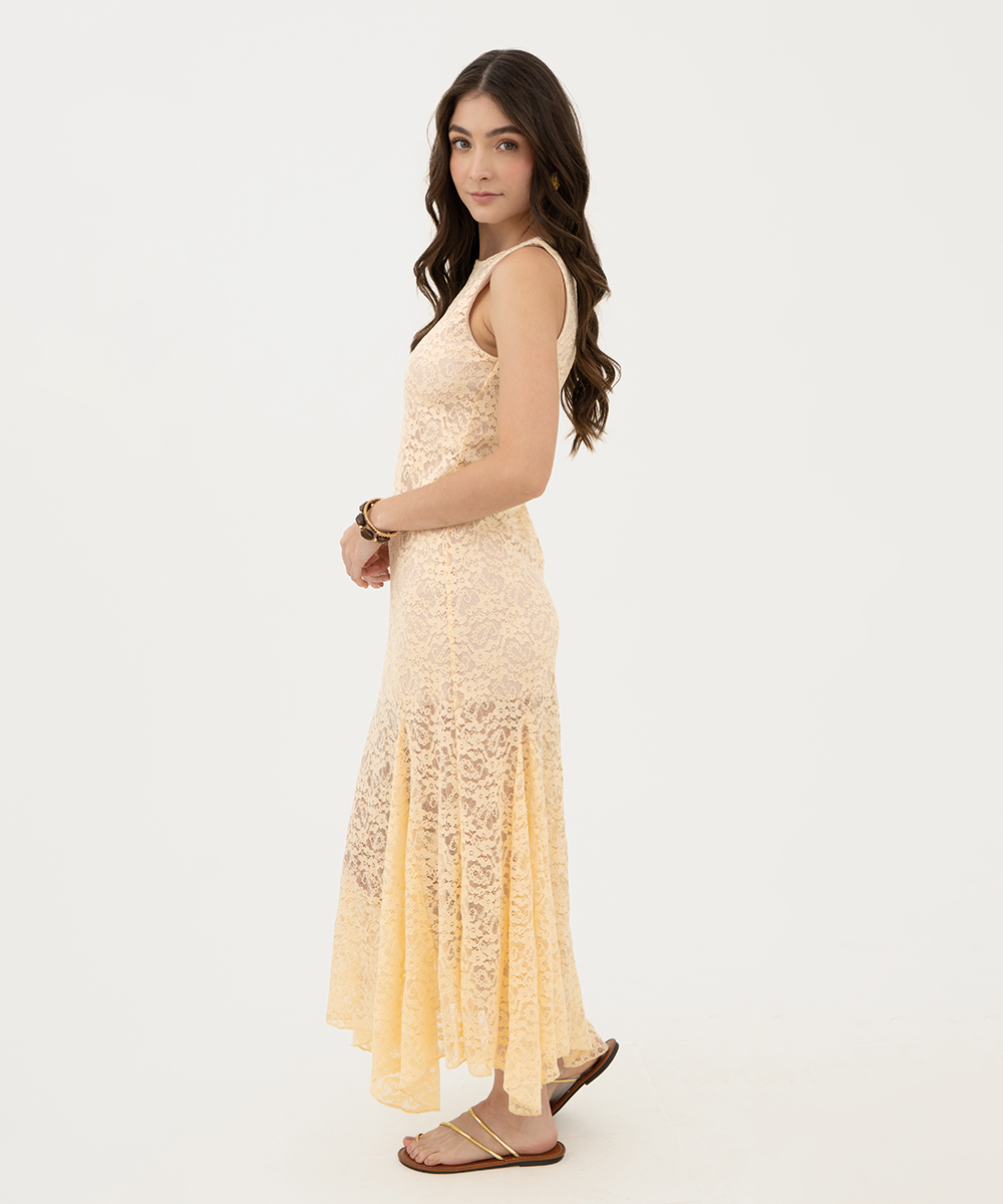 Vestido largo de blonda Amarillo Pastel