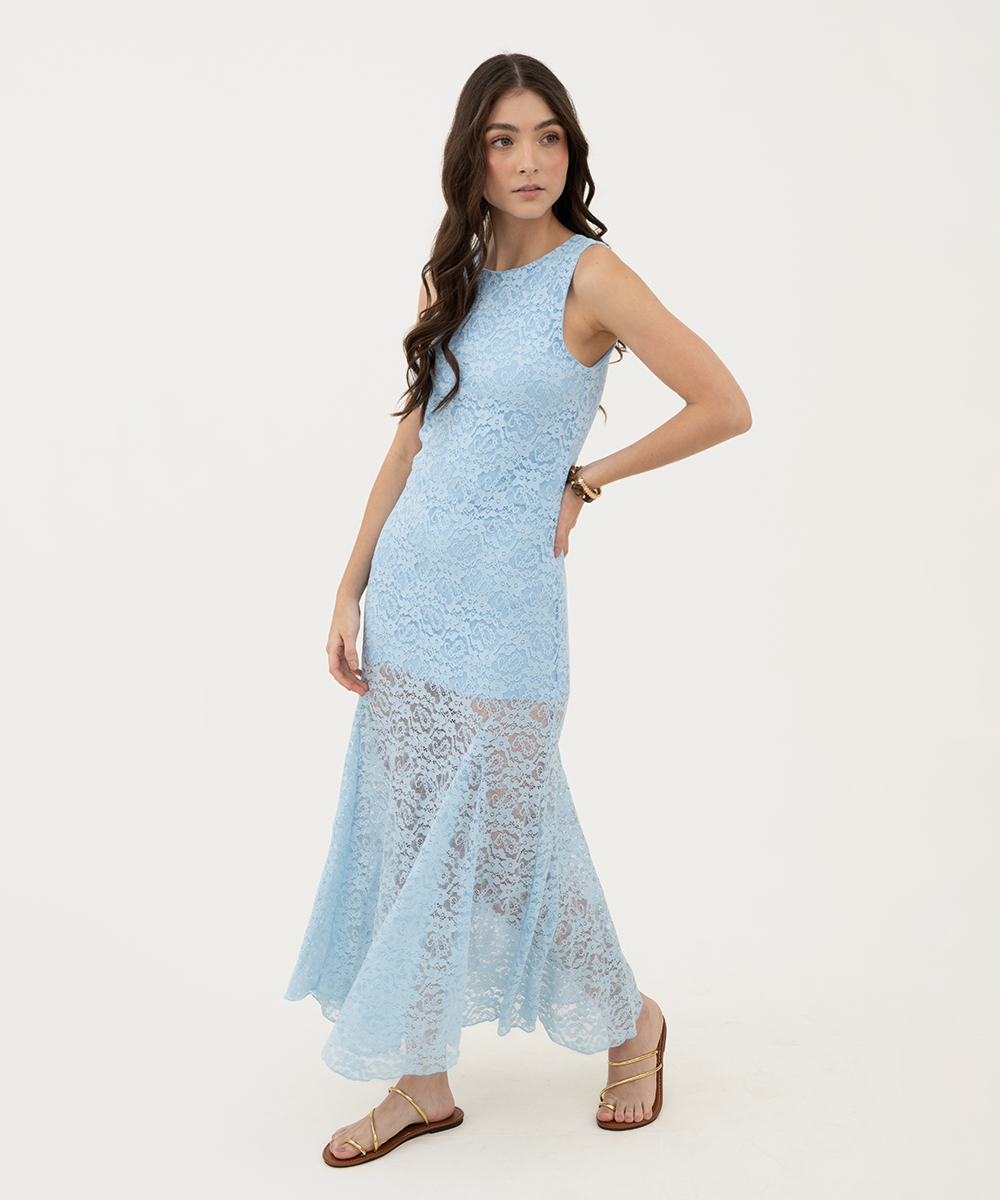 Vestido largo de blonda Azul Cielo