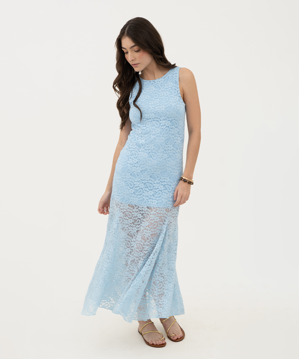 Vestido largo de blonda Azul Cielo