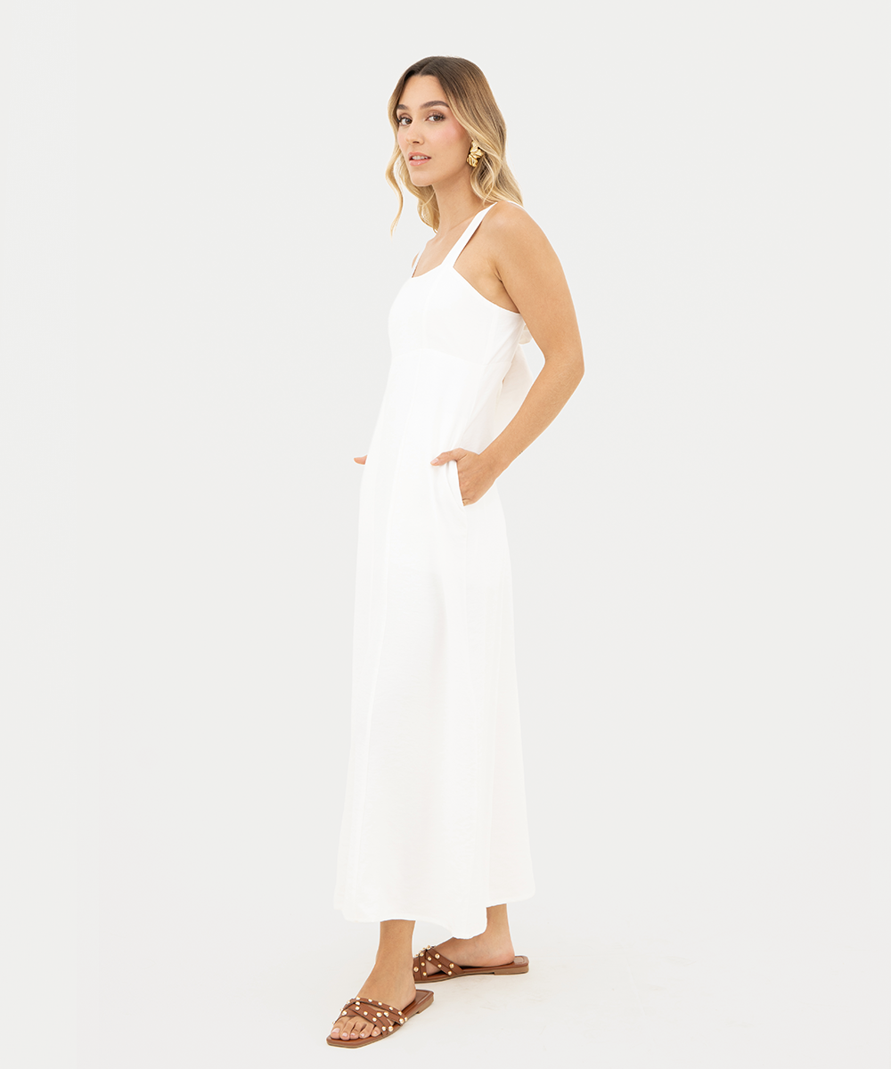 Vestido midi escote recto Blanco