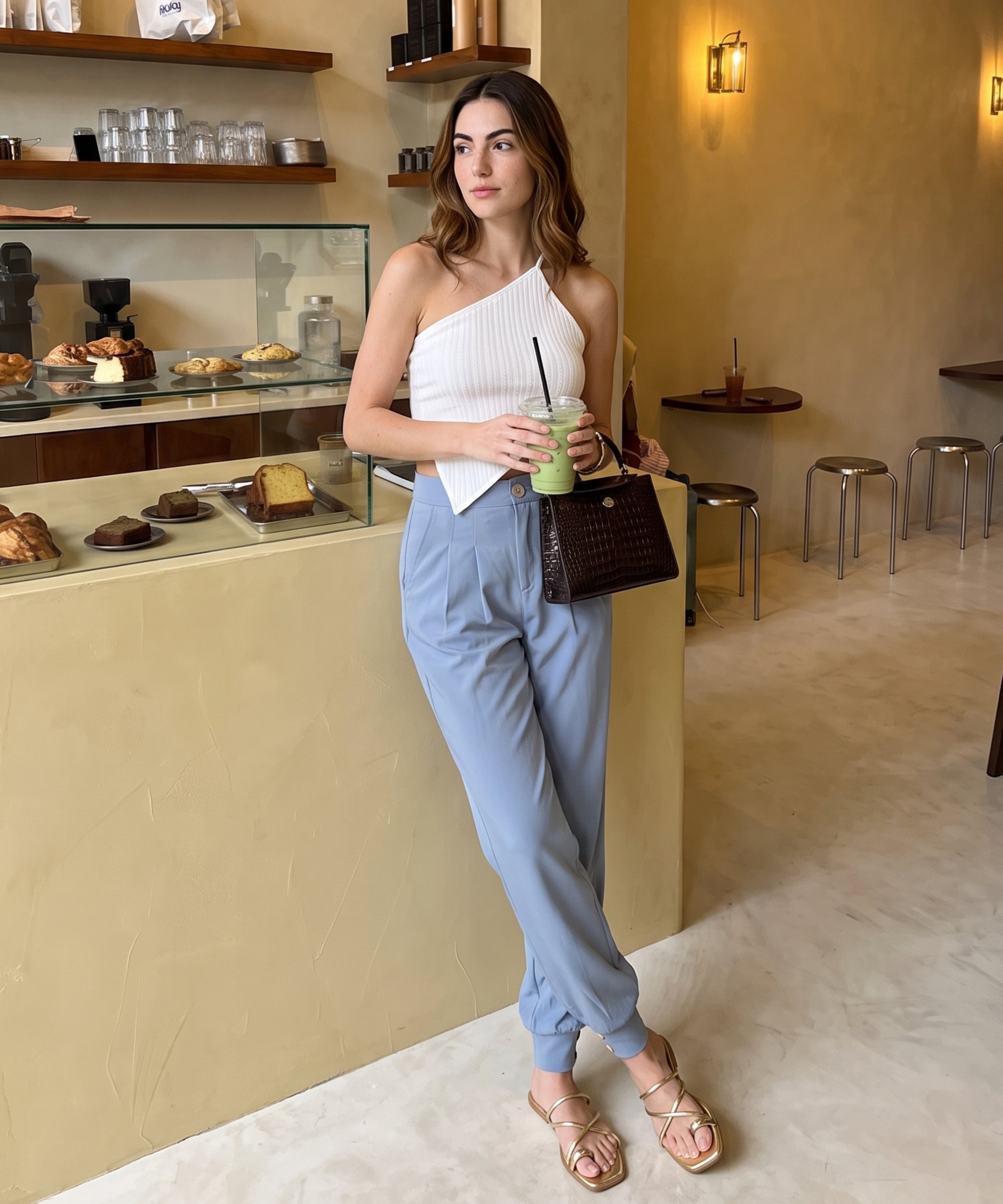 Pantalón ancho pliegues y puños Azul Empolvado