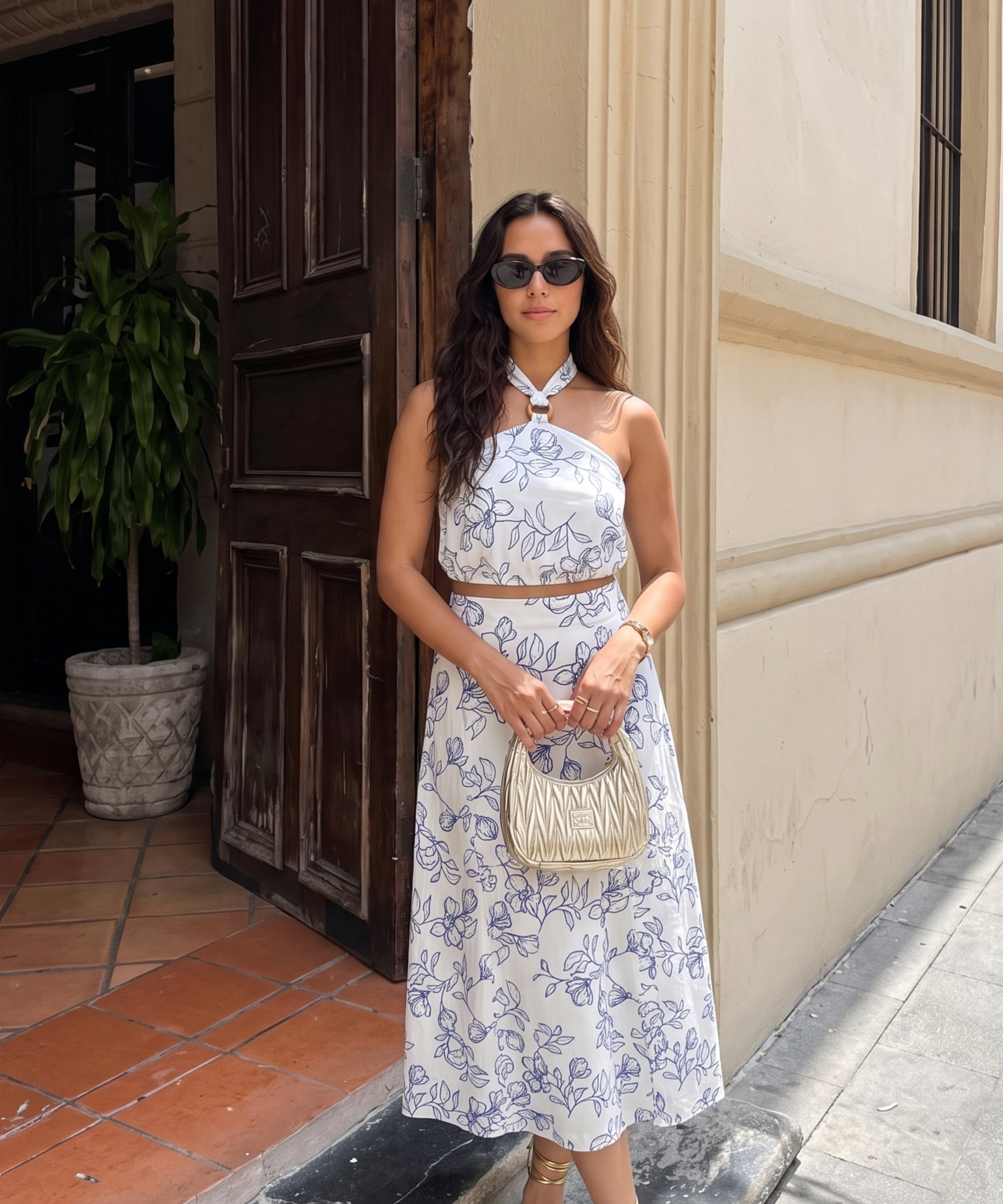 Falda midi con prenses Azul Profundo