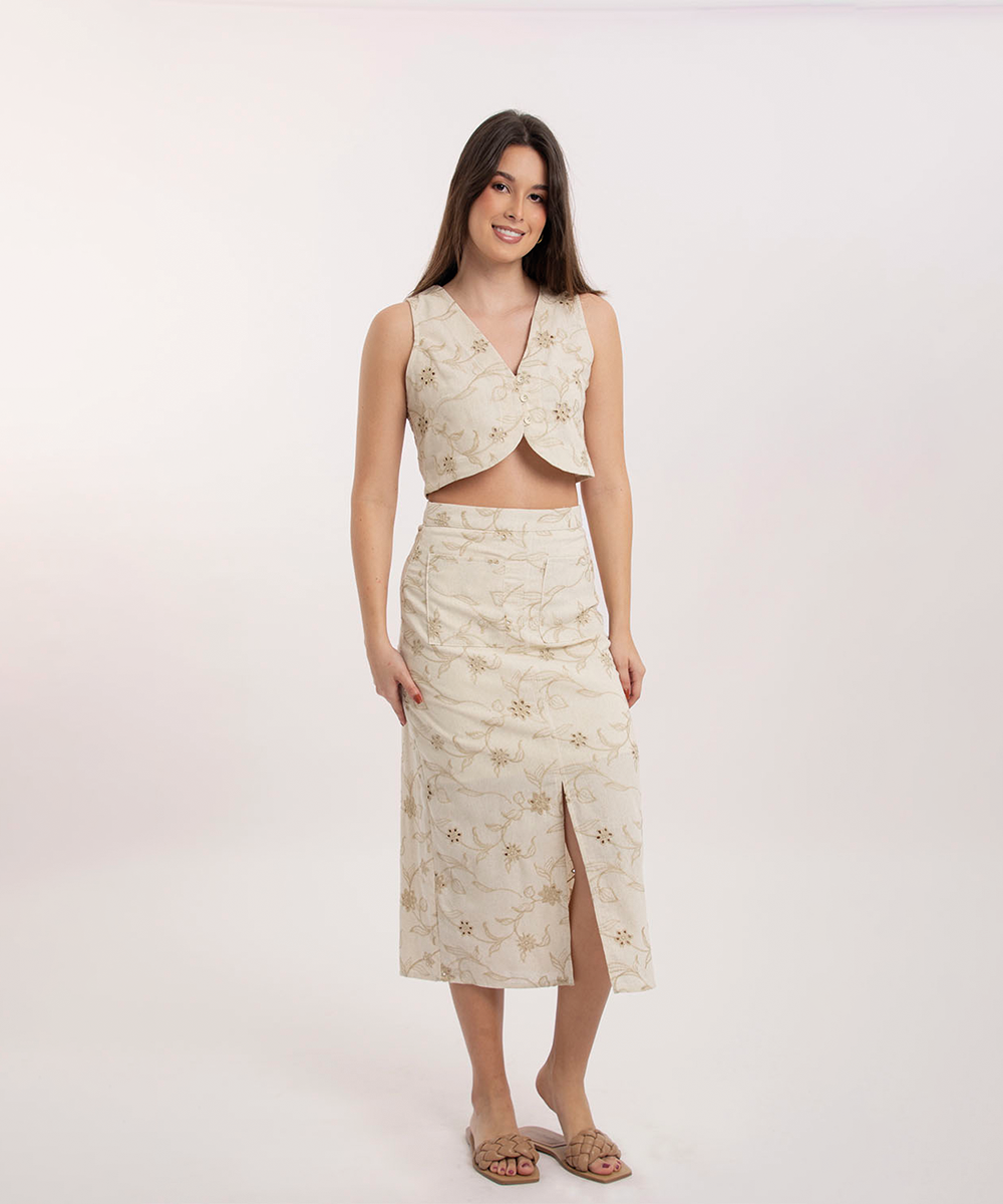 Falda bordada con bolsillos BEIGE