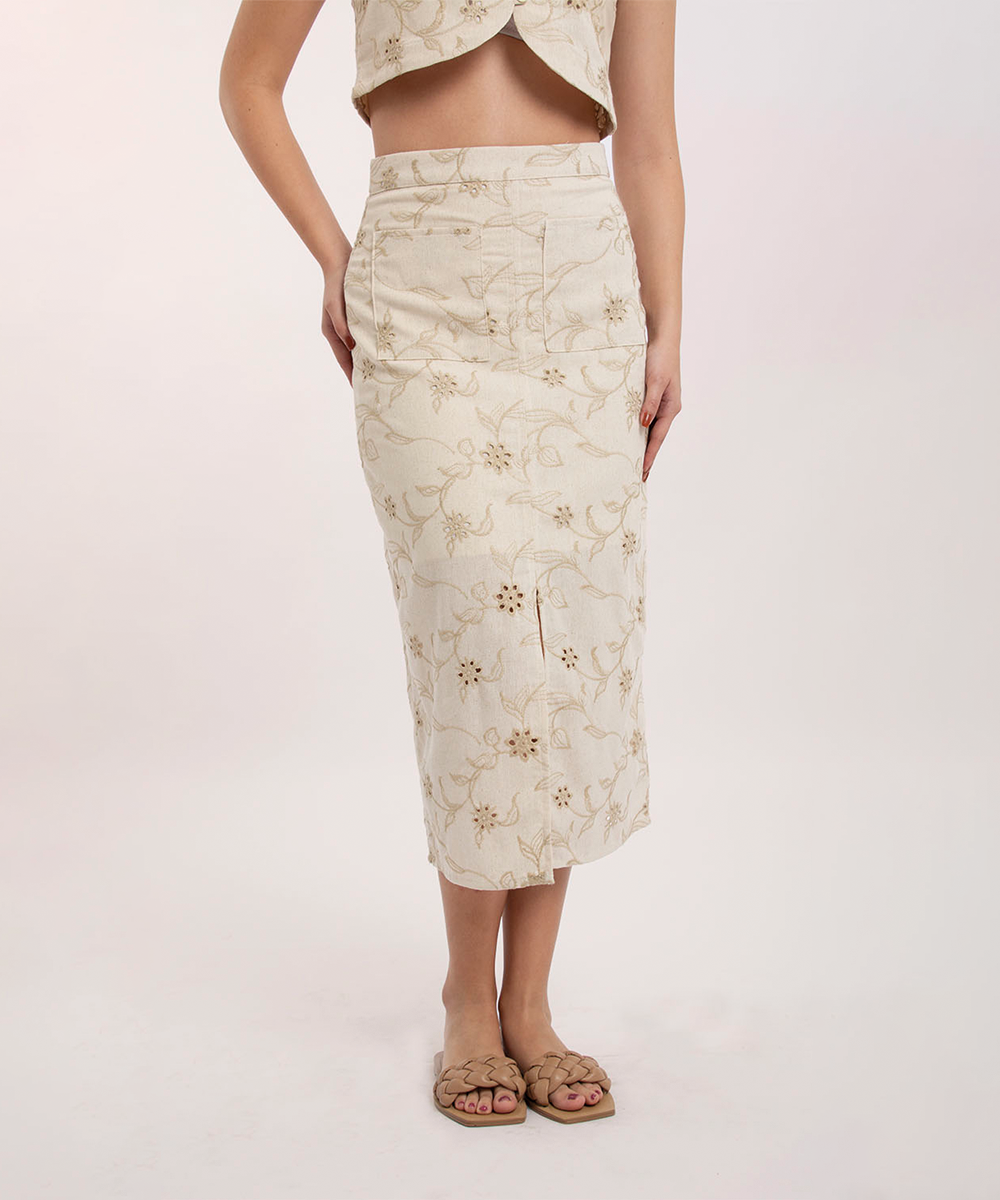 Falda bordada con bolsillos BEIGE