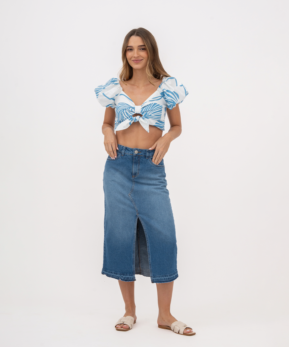 Falda midi con abertura AZUL