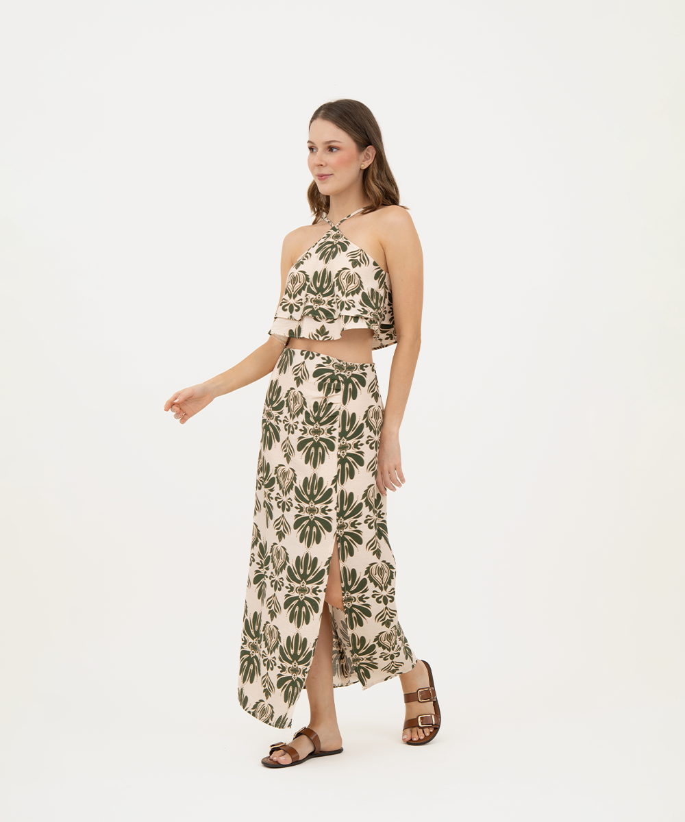 Falda midi con abertura VERDE SELVA (MILITAR)