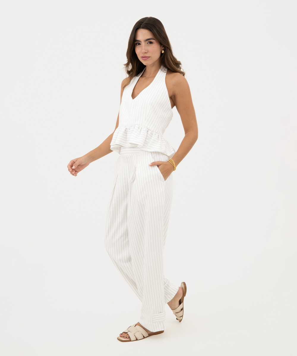 Pantalón de rayas bota ajustable Blanco