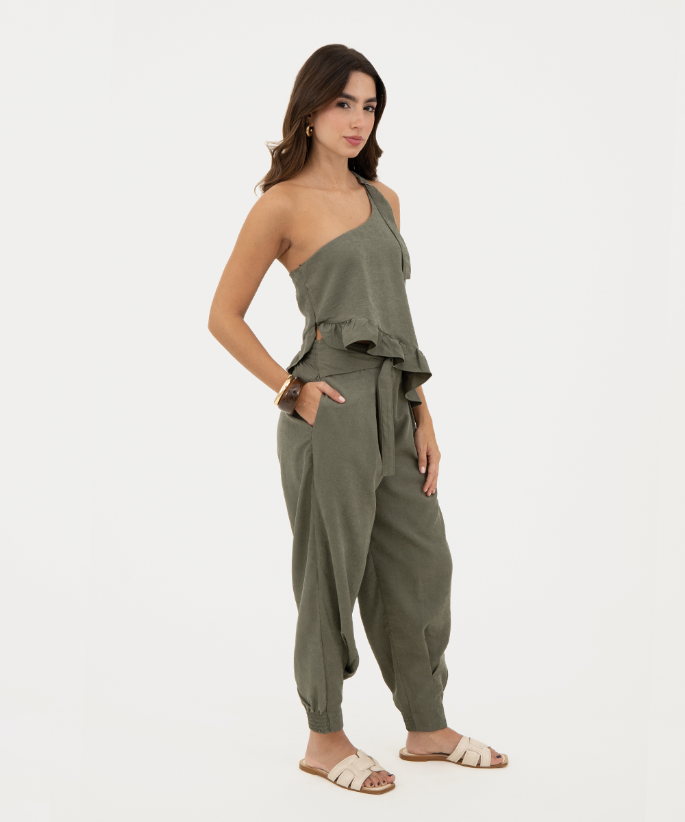 Pantalón pliegues con hebilla Verde Selva (Militar)