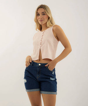 Short 5 Bolsillos Dobladillo Ancho Azul Profundo Short Índigos Para Mujer | Ticket Store Colombia 2