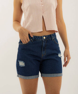 Short 5 Bolsillos Dobladillo Ancho Azul Profundo Short Índigos Para Mujer | Ticket Store Colombia 3