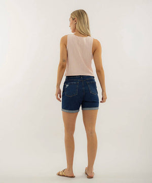 Short 5 Bolsillos Dobladillo Ancho Azul Profundo Short Índigos Para Mujer | Ticket Store Colombia 4