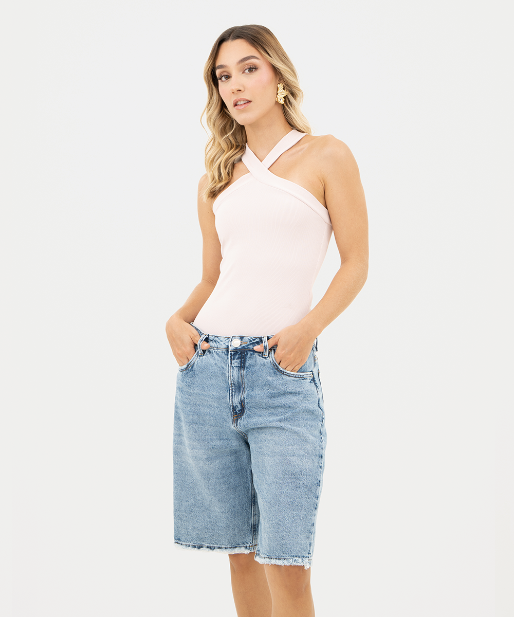 Bermuda denim tiro medio Azul