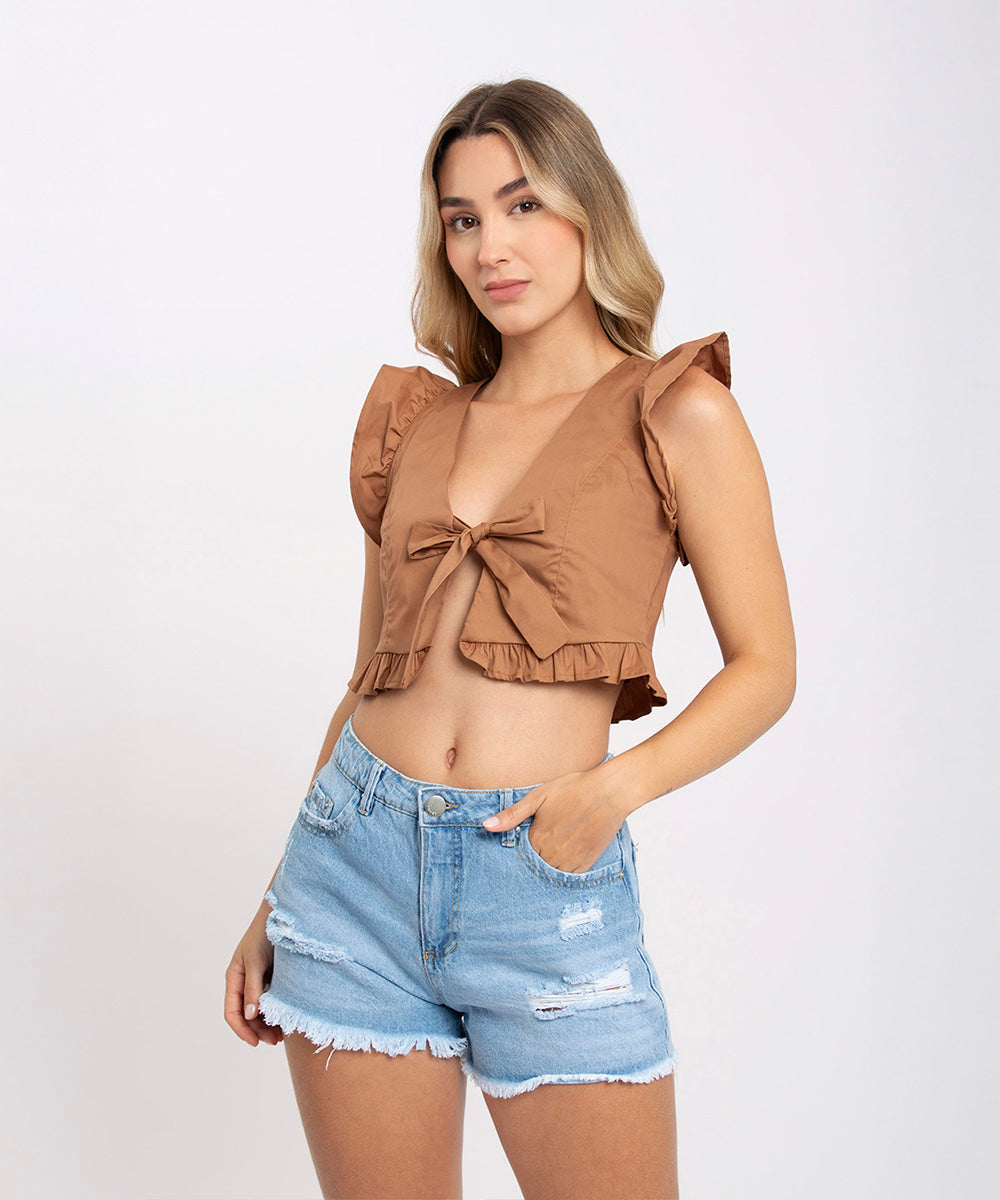 Blusa con moño y boleros CHOCOLATE