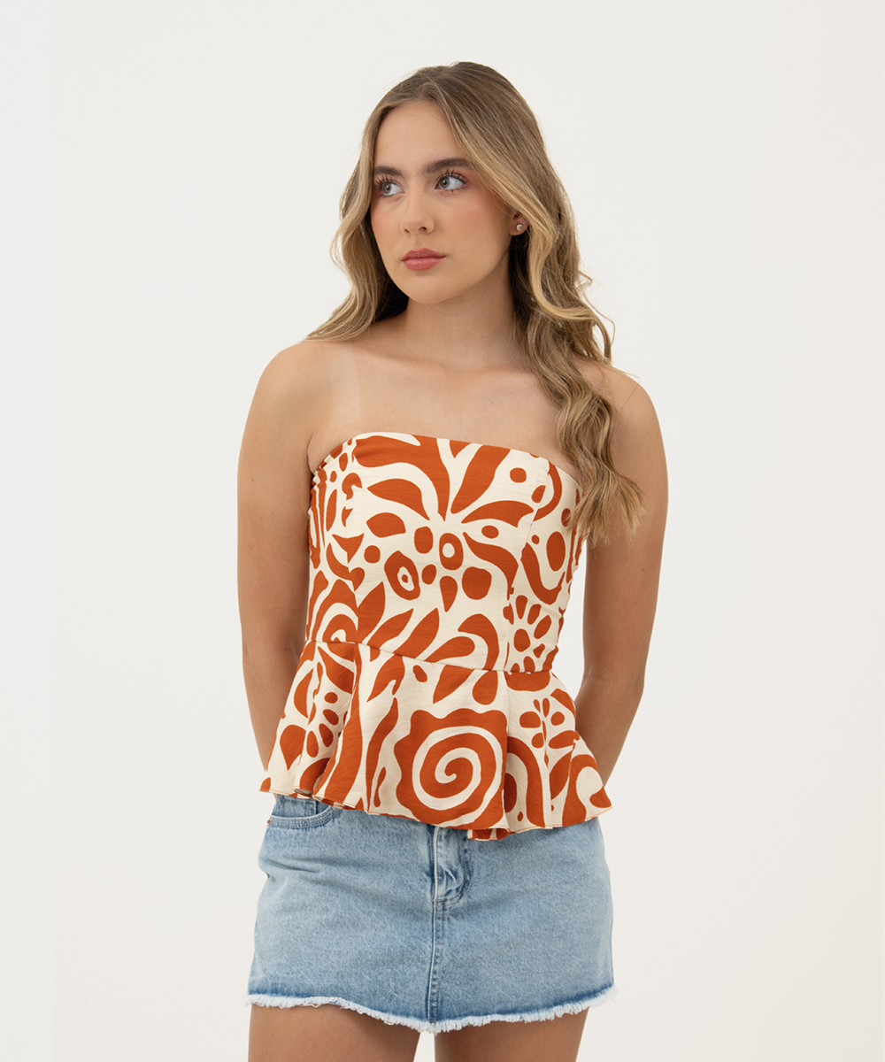 Blusa strapless peplum NARANJA